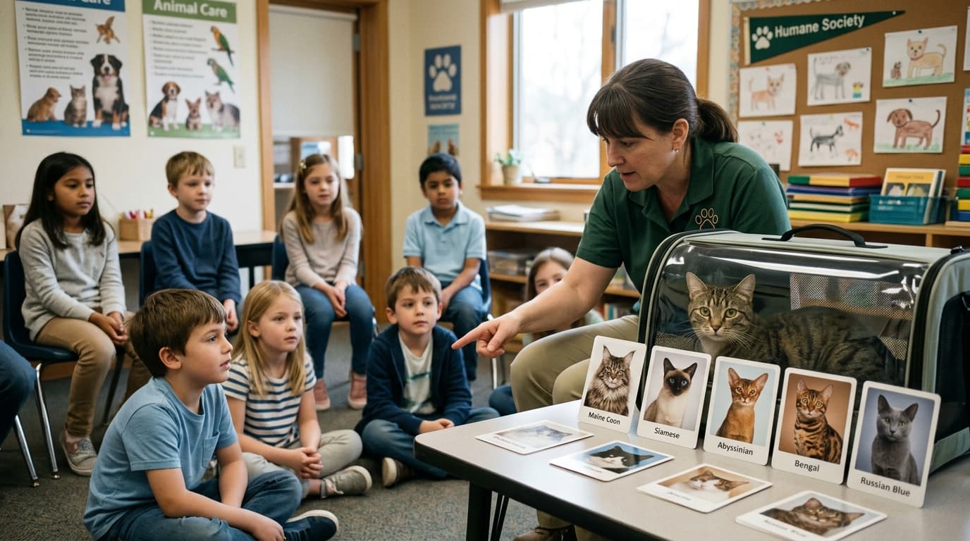A humane society classroom visit: students observing a cat in a carrier beside breed photo cards with blurred labels