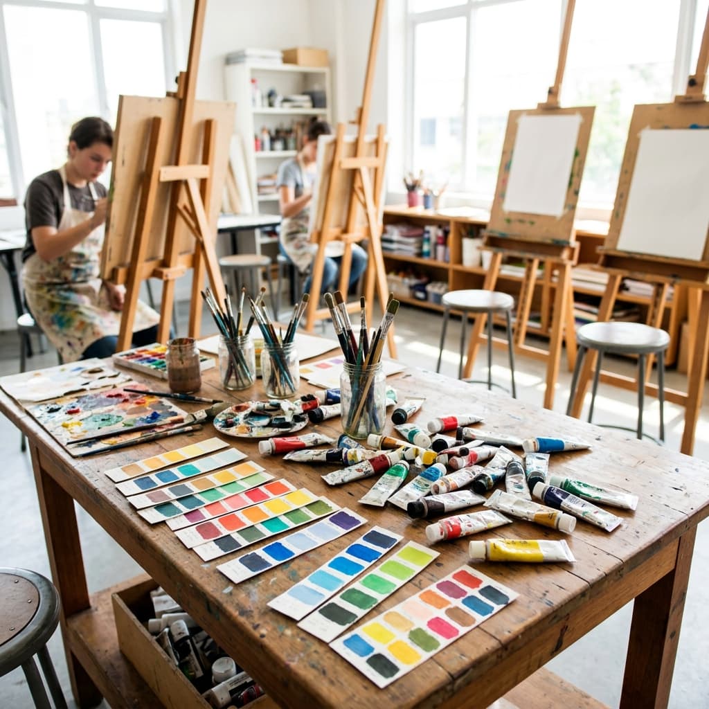 An art classroom: paint tubes and brushes arranged on a table, color swatch cards without readable text, easels in background, bright natural light