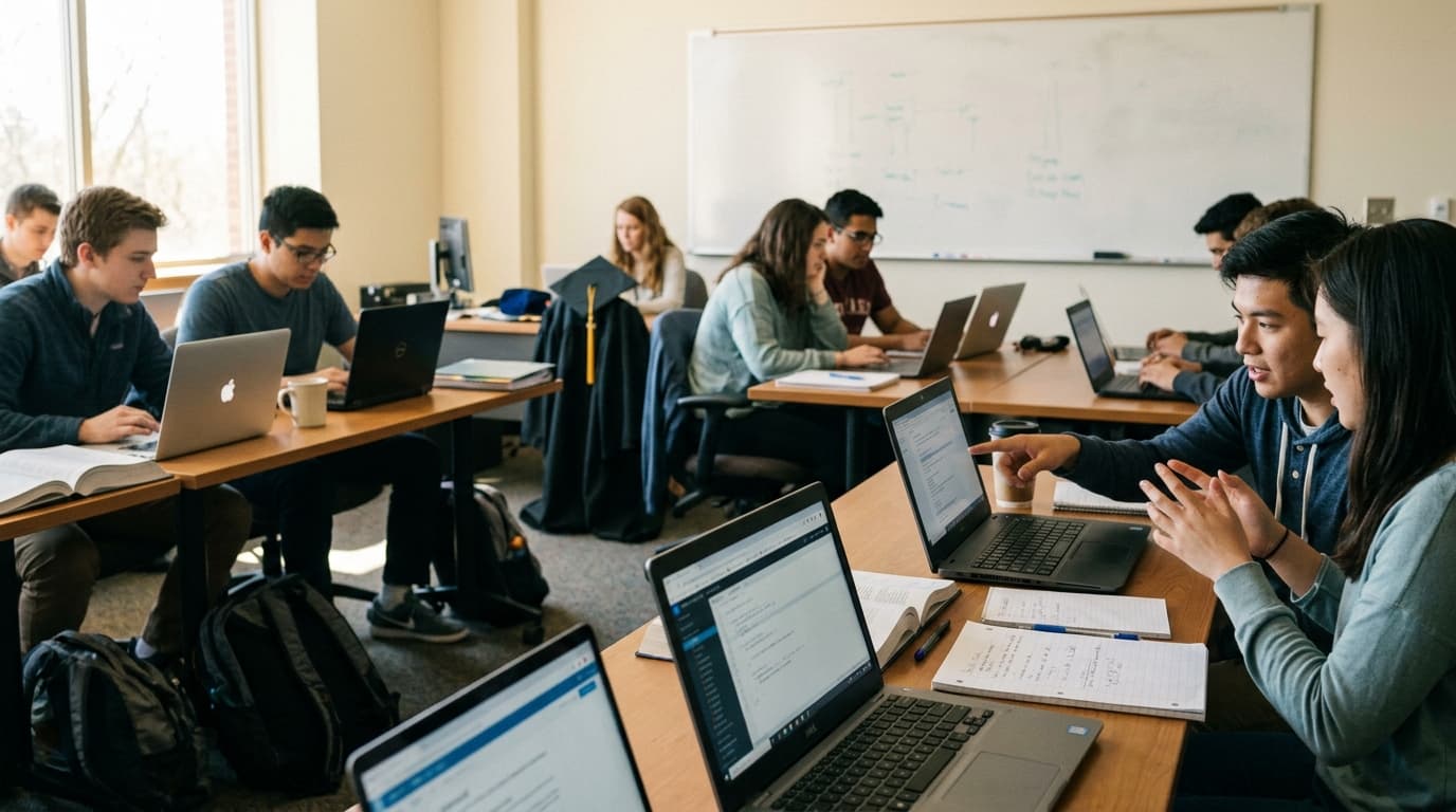 A computer lab: closed laptops on desks in rows, ergonomic chairs, cable management trays