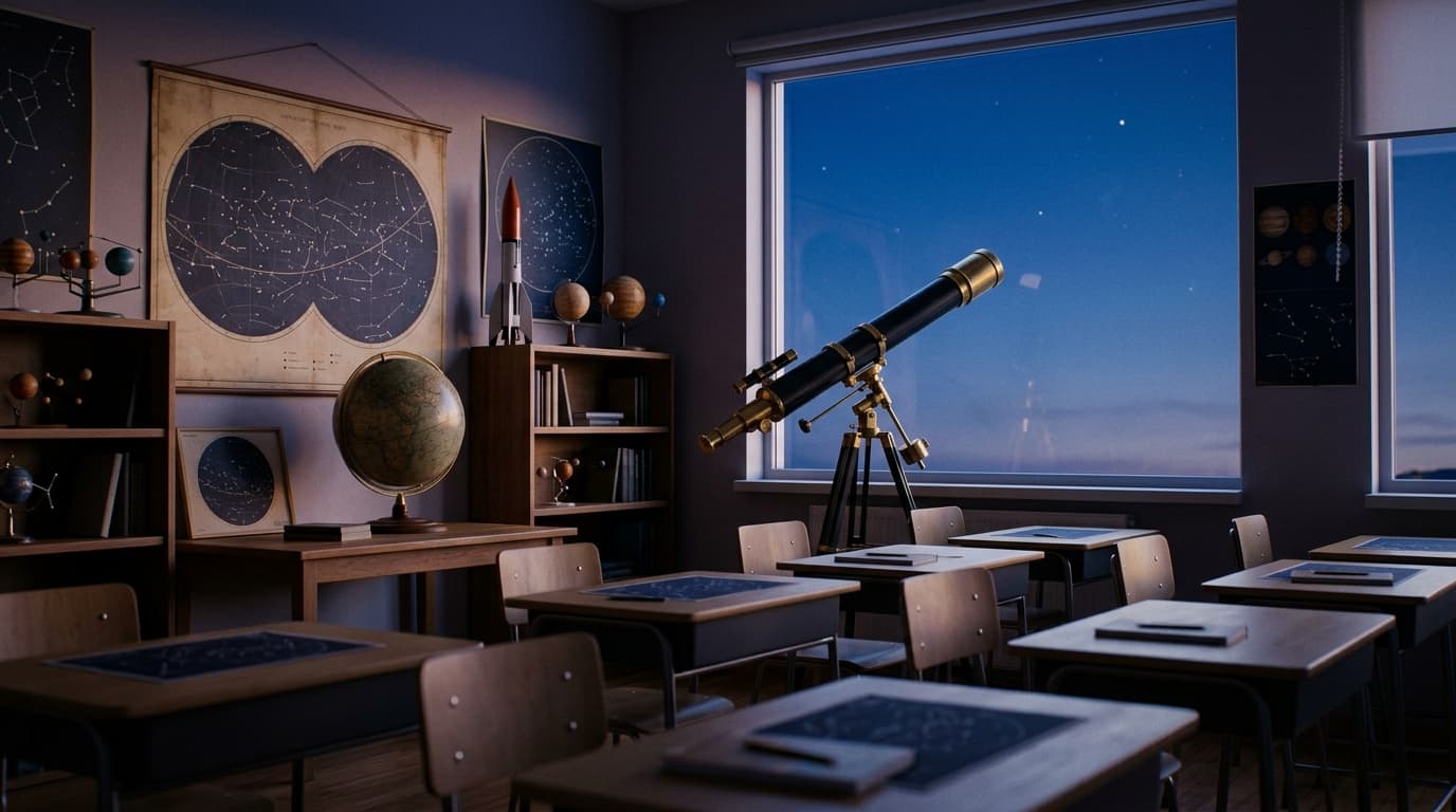 A planetarium-style classroom with star chart posters and telescope by the window at dusk