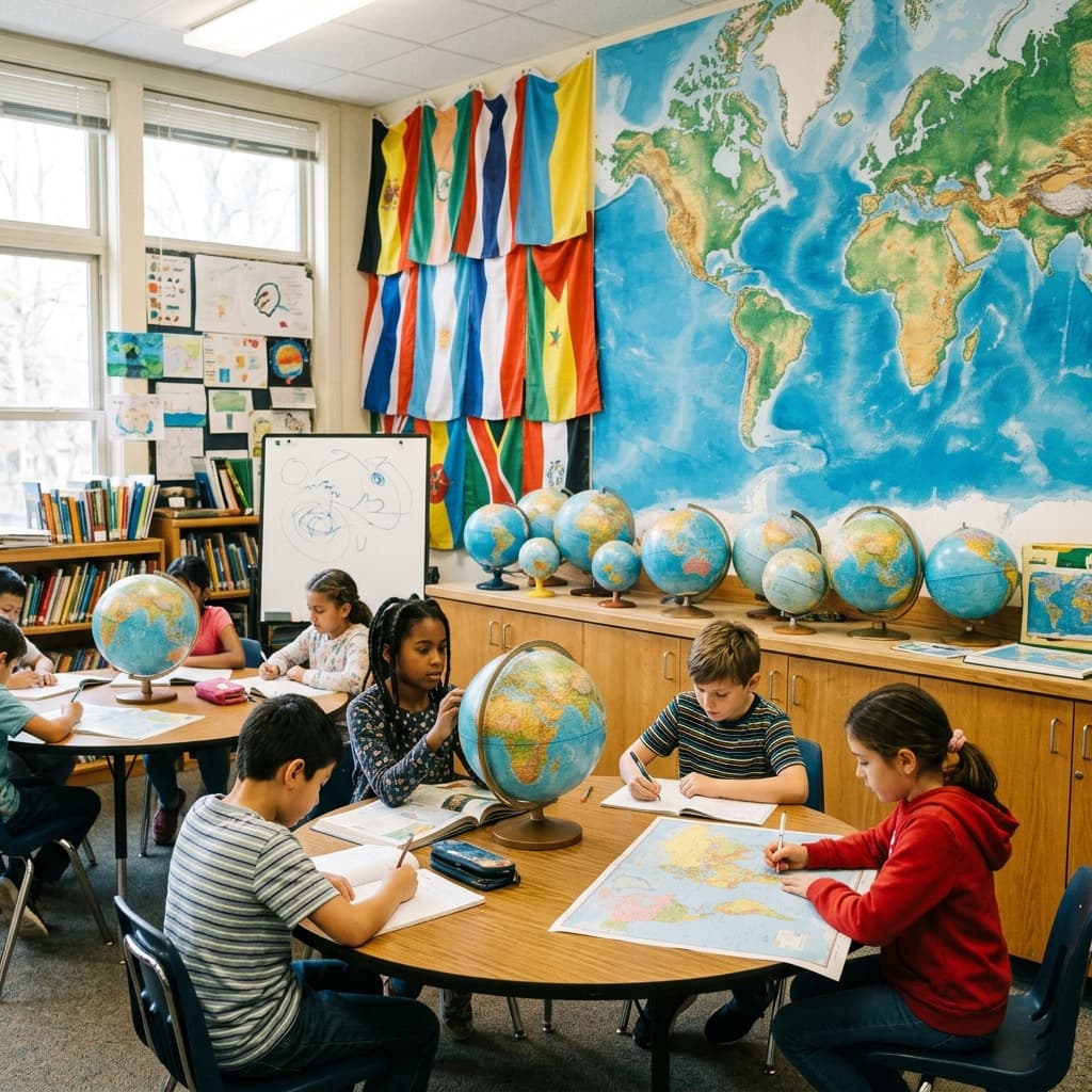 A world geography classroom: collection of globes on a counter, world map mural without readable country names, flags as blurred color patches without text