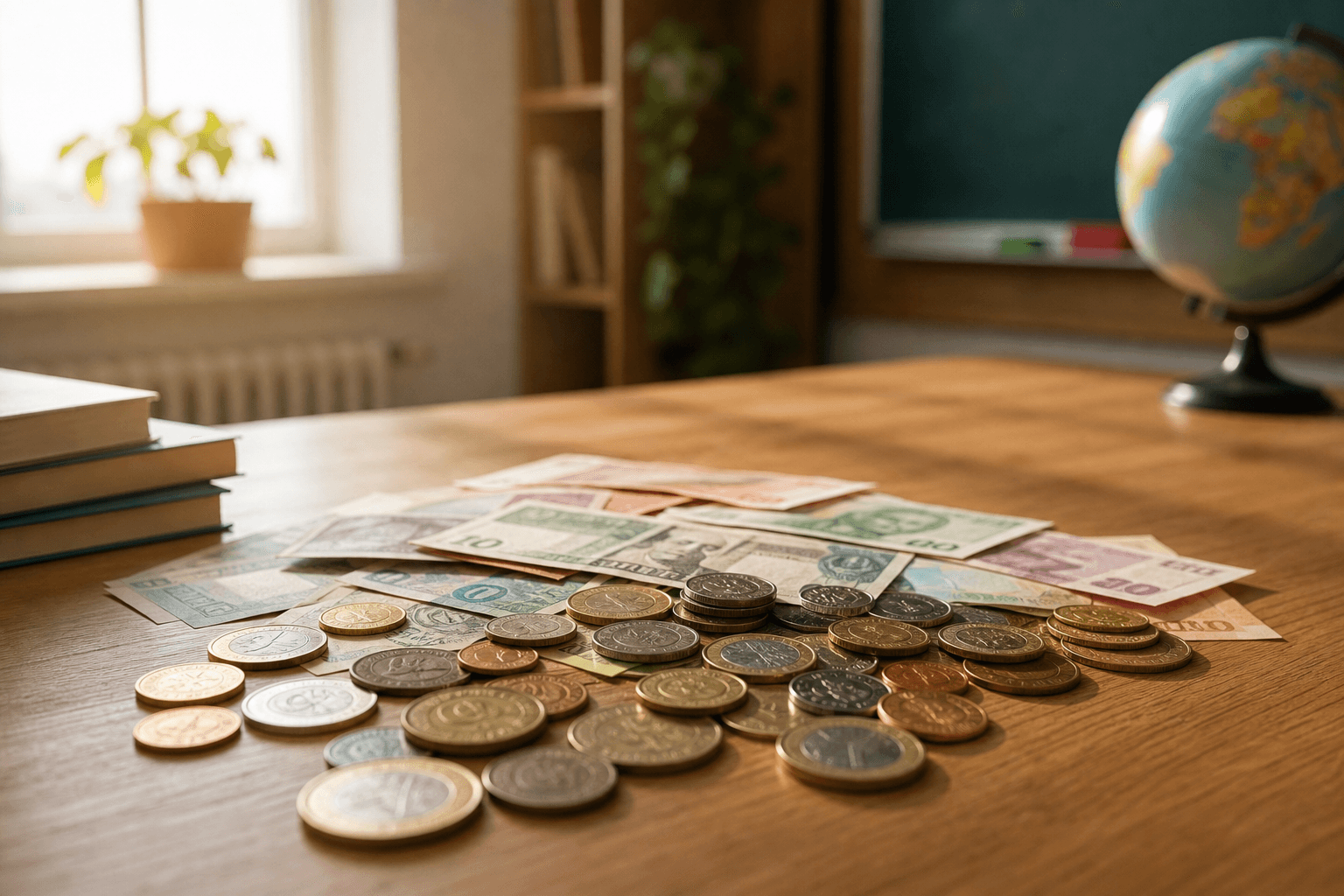 A wooden table with international coins and banknotes from different countries arranged as still life