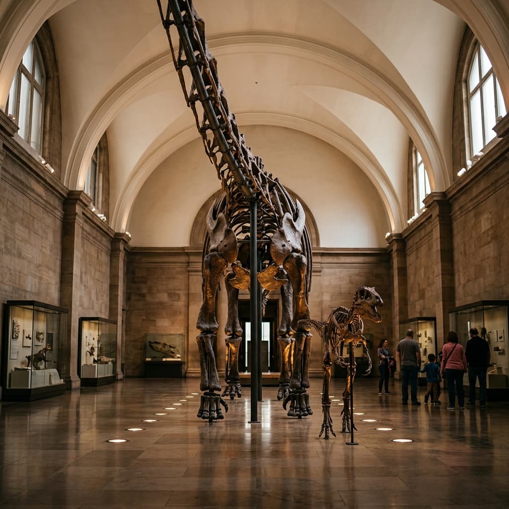 A natural history museum hall with a towering dinosaur skeleton cast, polished floor, dramatic uplighting