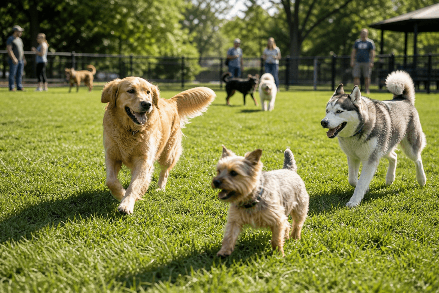 A sunny dog park with diverse breeds playing on grass