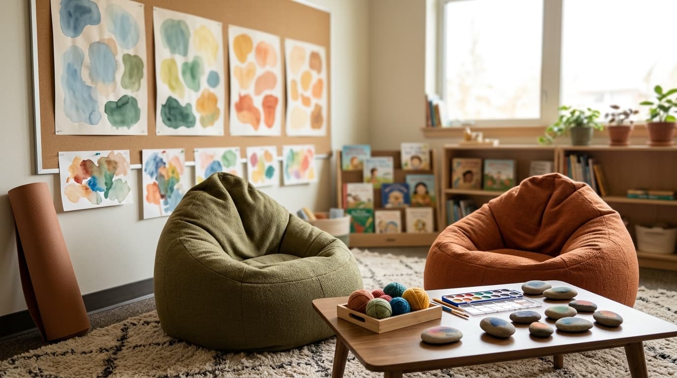 A calm counseling-friendly classroom corner with comfy chairs, soft lighting, and feeling charts as blurred color shapes