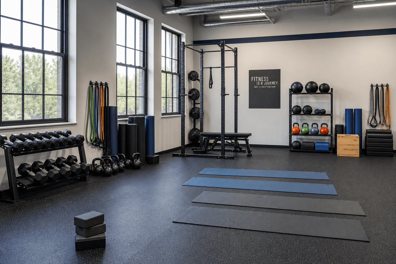 A gym with yoga mats, dumbbells, and resistance bands neatly arranged