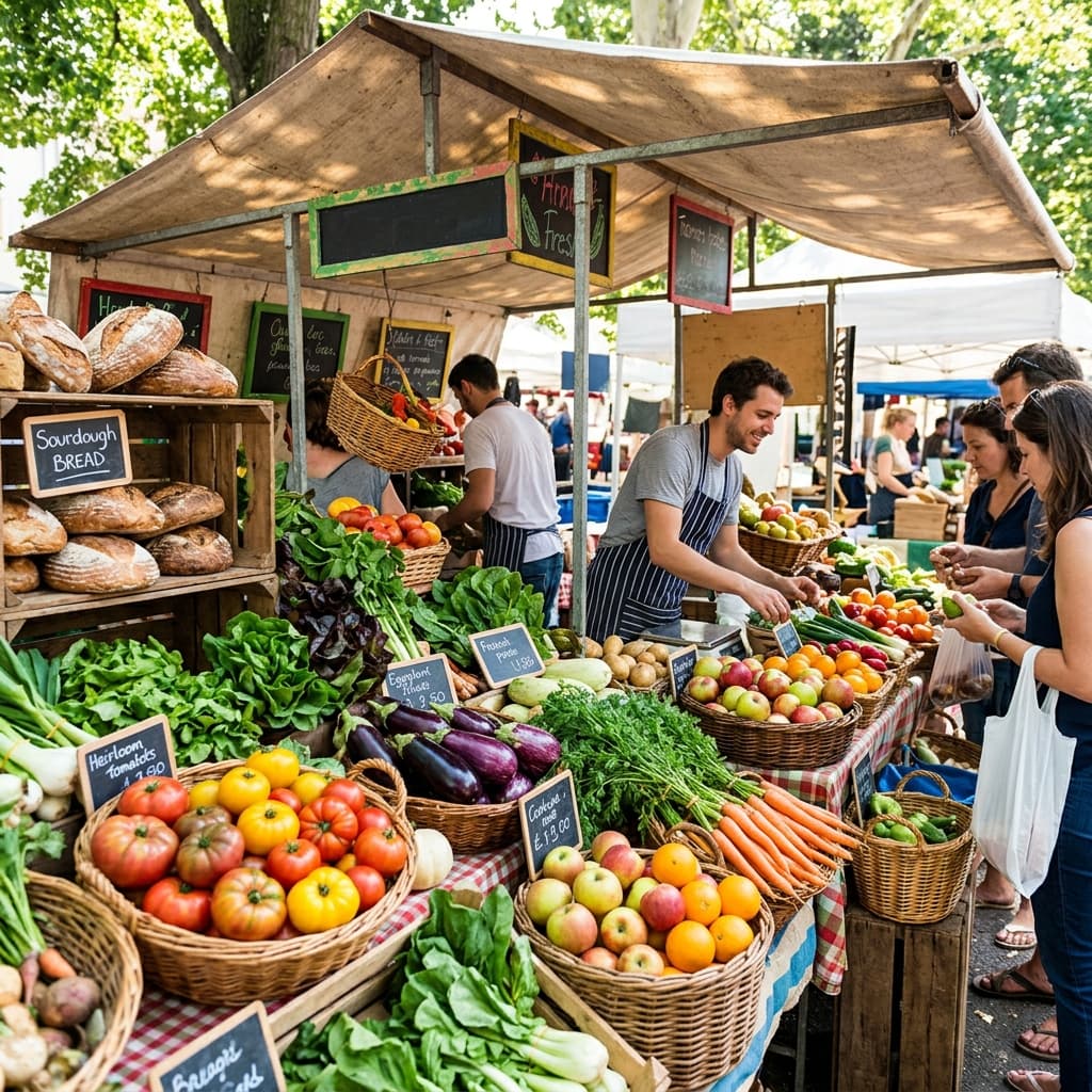 A farmers market stall with colorful produce