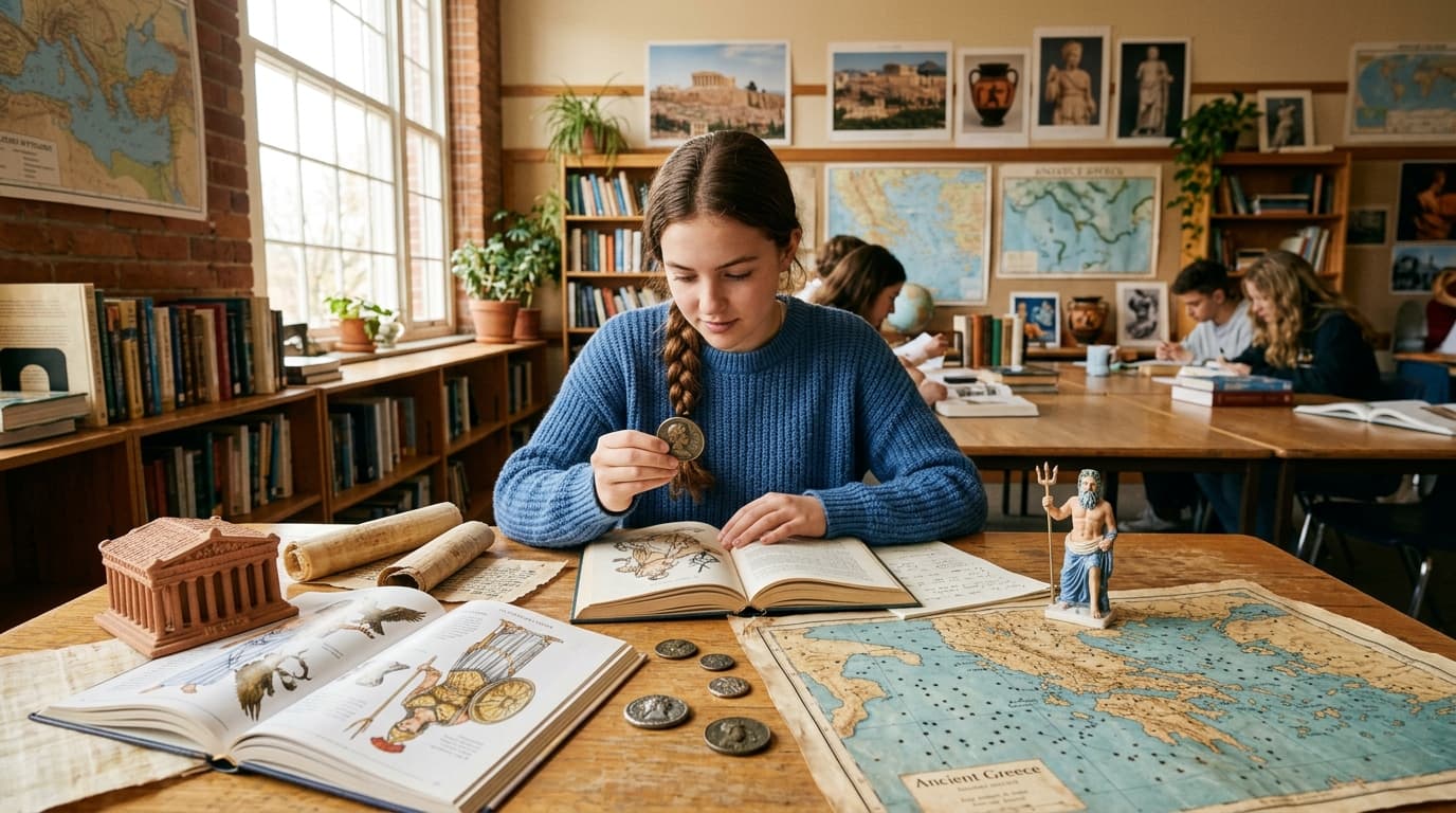 A humanities classroom: plaster bust replicas on a shelf, mythology timeline mural without readable text, sun through tall windows