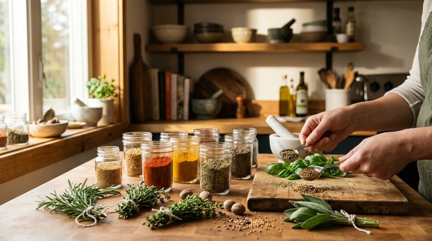 A home economics kitchen: fresh basil, cinnamon sticks, and spice jars on a wooden counter beside a cutting board