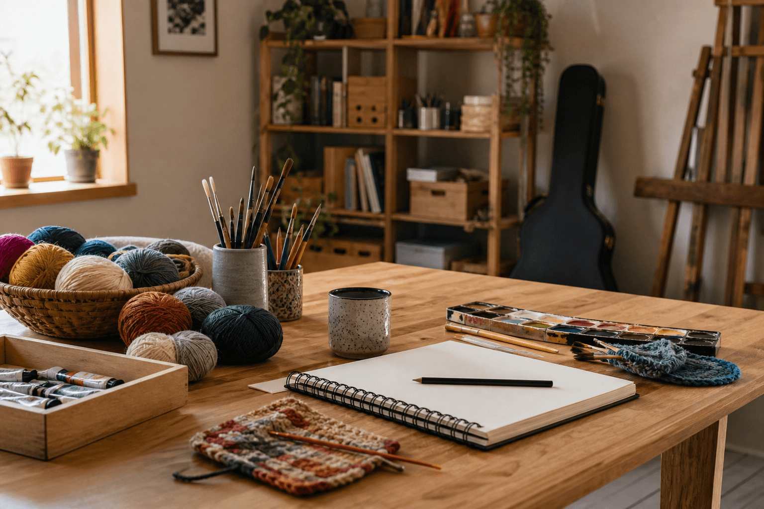 A craft table with yarn, paint brushes, guitar case, and sketchbook