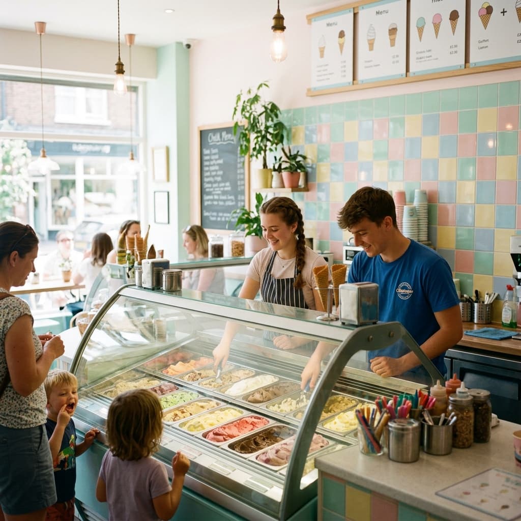 A cheerful ice cream parlor counter with colorful tubs behind glass, pastel tiles, summer afternoon light