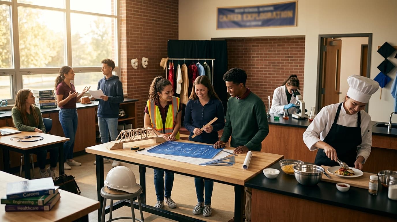 A middle school career day display: table with hard hat, stethoscope prop, laptop, and paint brushes as career symbols