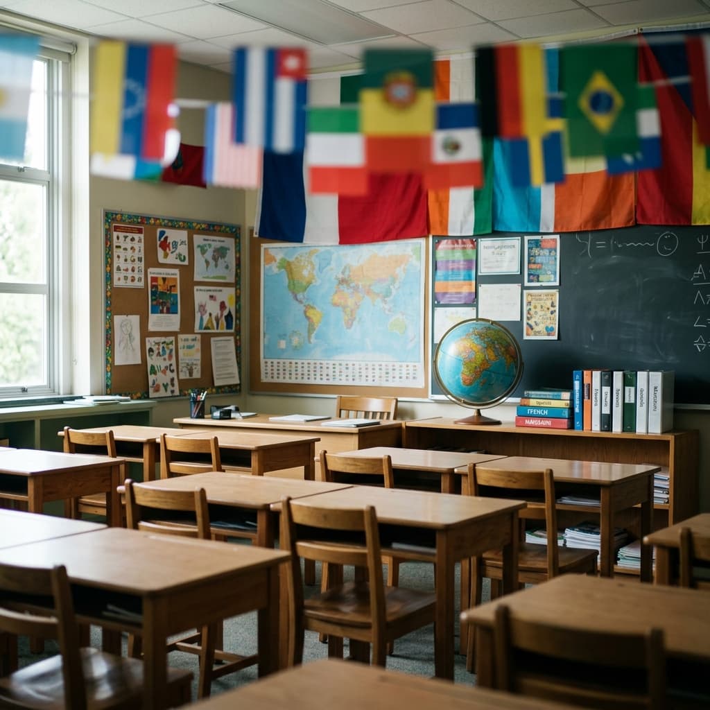 A world languages classroom with colorful flags as blurred patches, empty desks, globe on shelf