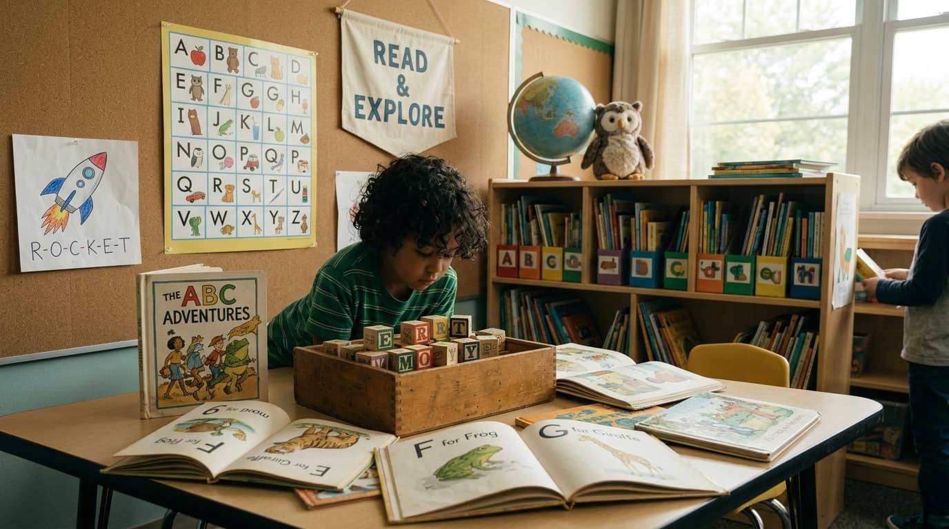 An elementary literacy corner with alphabet posters as blurred color blocks and picture books