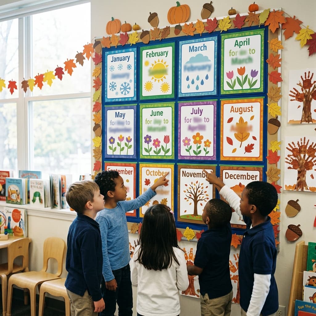 A classroom calendar wall display with colorful month cards without readable text, seasonal decorations for autumn, bright elementary classroom