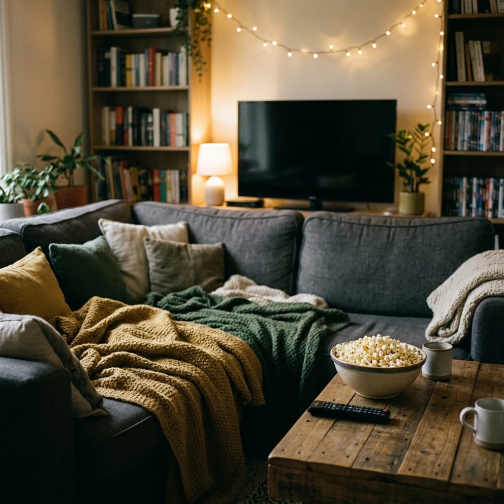 A cozy living room movie night setup: sofa with blankets, bowl of popcorn, dim warm lighting, TV screen off or blurred