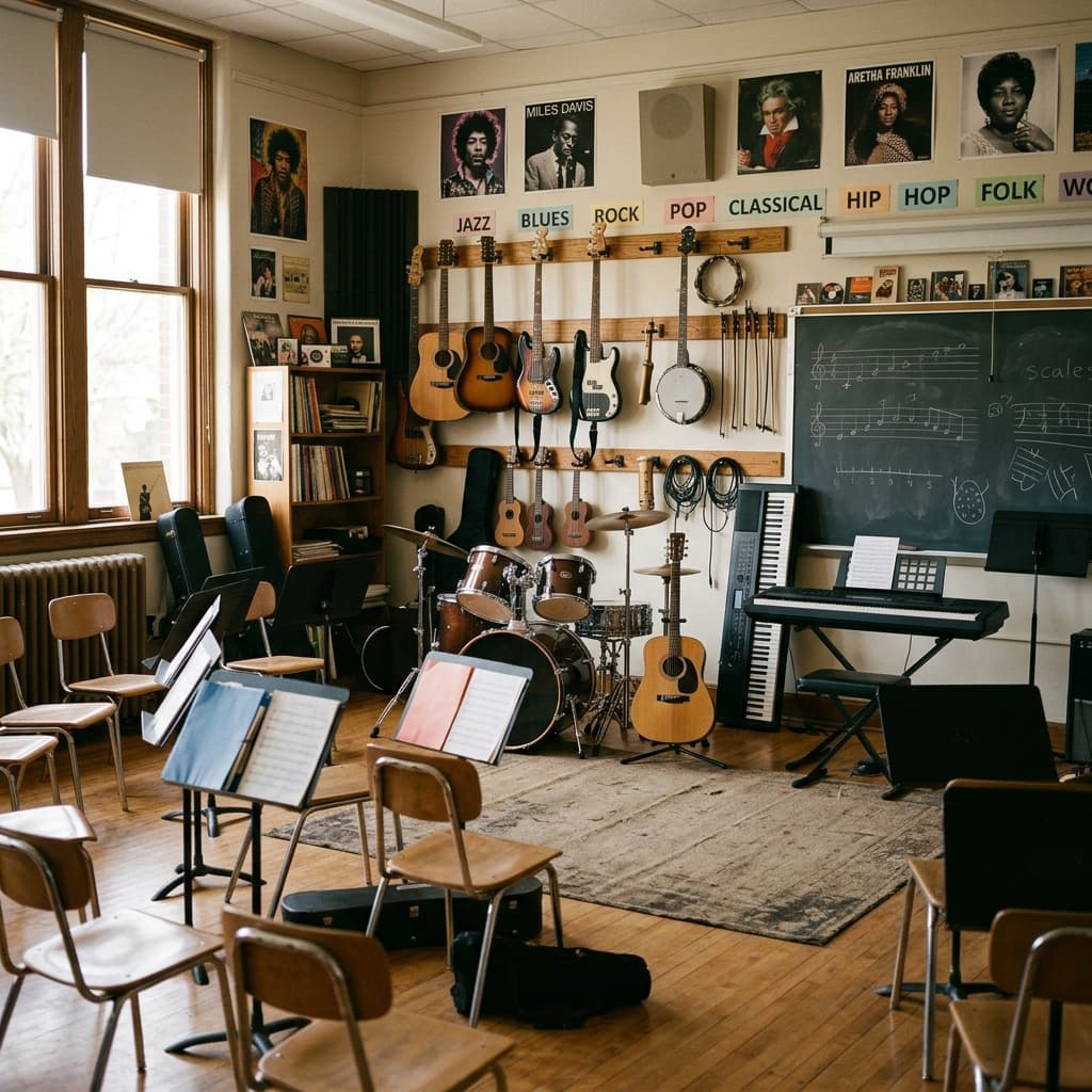 A music classroom with instruments on wall racks