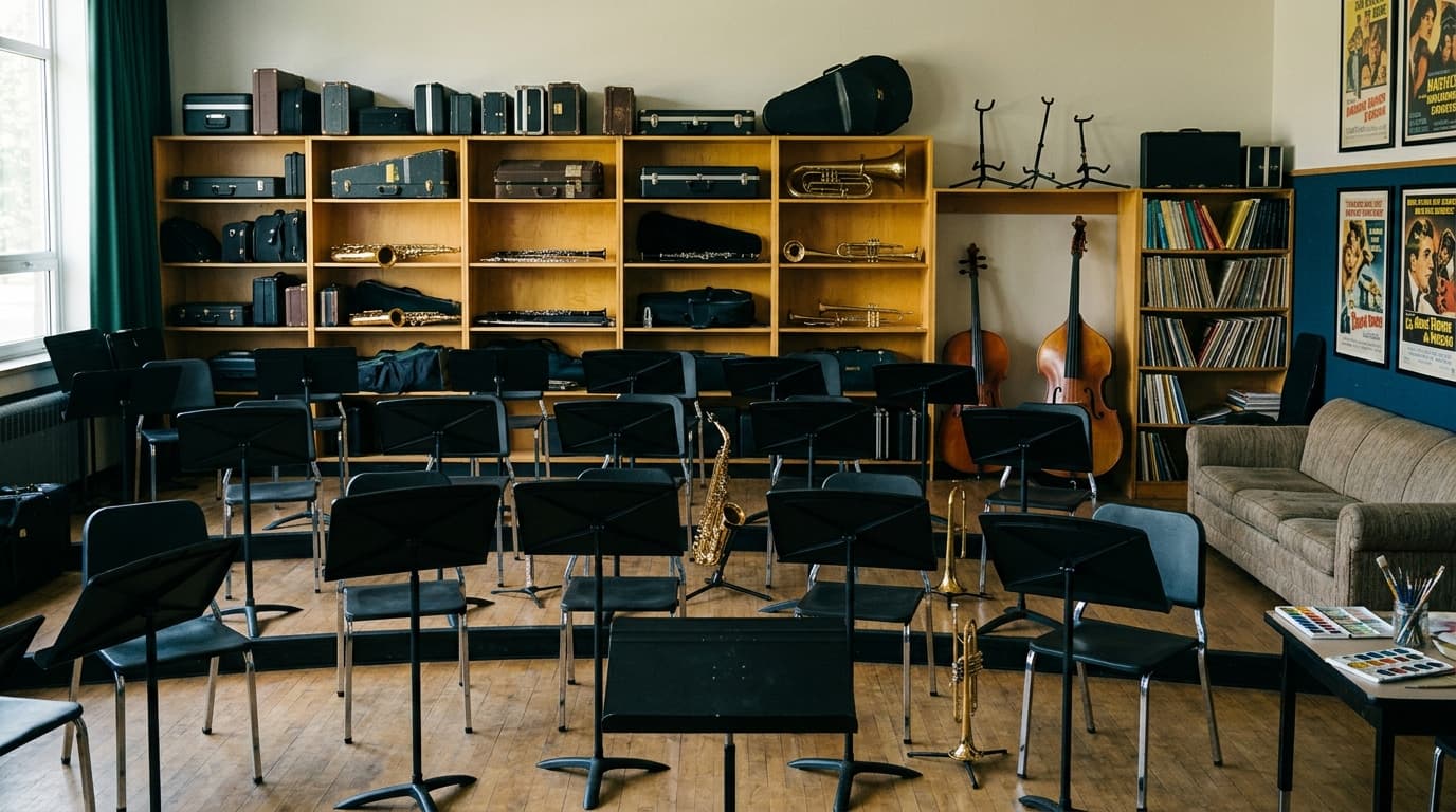 A school band room with brass and woodwind cases on shelves, music stands in rows