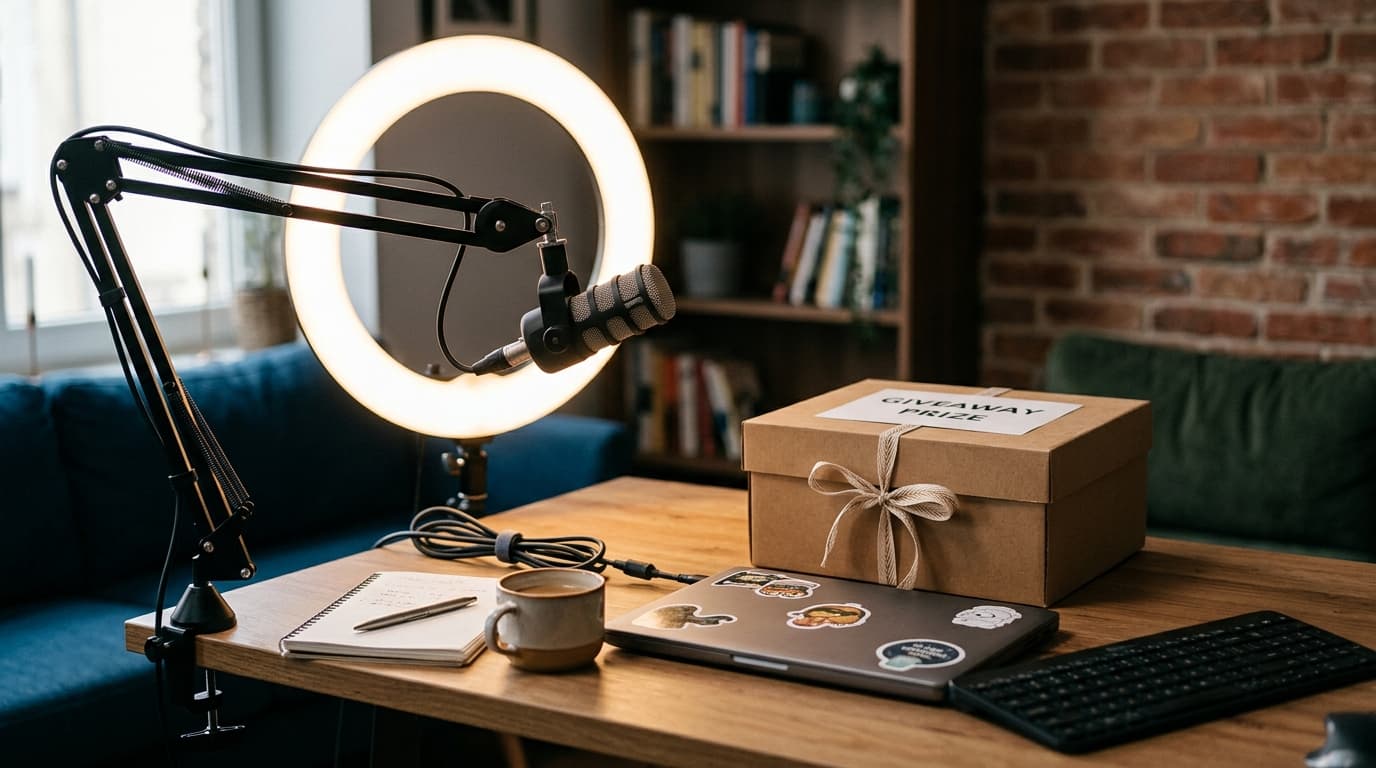 A livestream desk with ring light, microphone, and giveaway prize box beside a laptop
