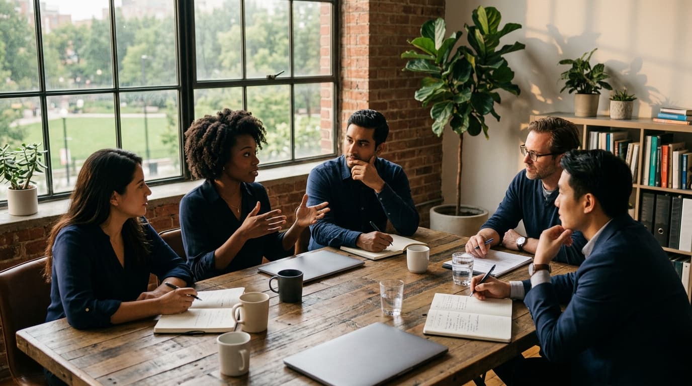 A diverse team in a casual office meeting room around a conference table with laptops closed and notebooks