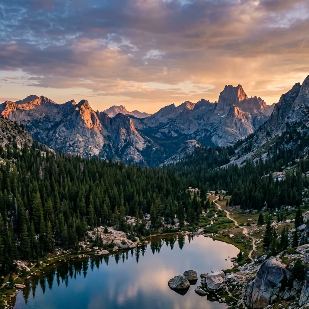 A dramatic mountain national park vista: pine forest, granite peaks, golden hour light