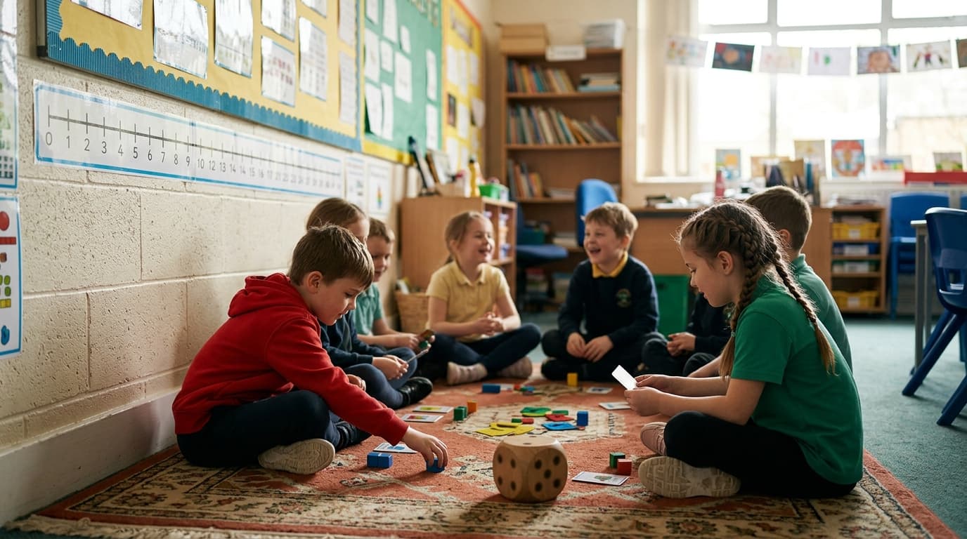 A primary classroom number line on the wall and students playing a counting game on the rug