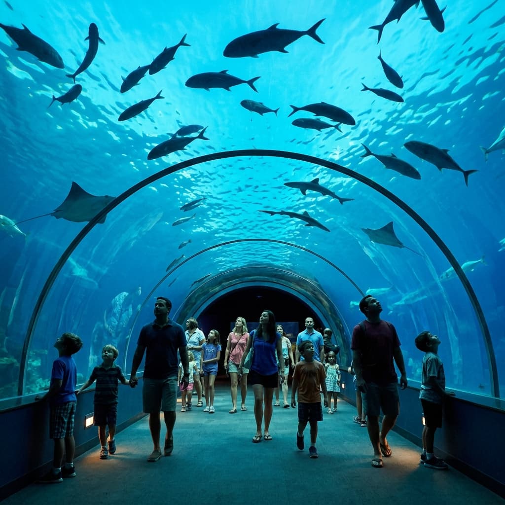 A public aquarium tunnel with blue-lit water and silhouetted fish overhead