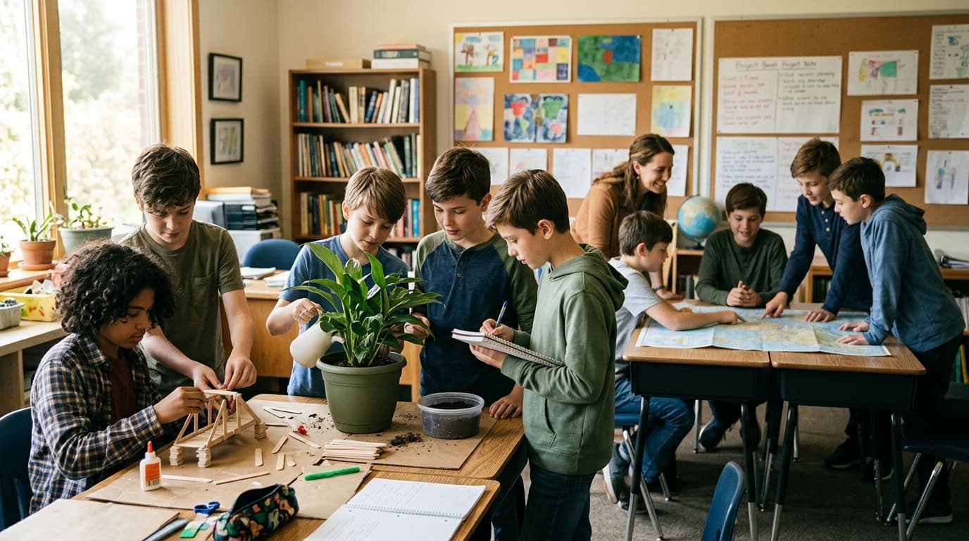 A calm SEL classroom corner: students journaling in notebooks on a rug, feeling-chart posters as blurred color shapes, soft natural light