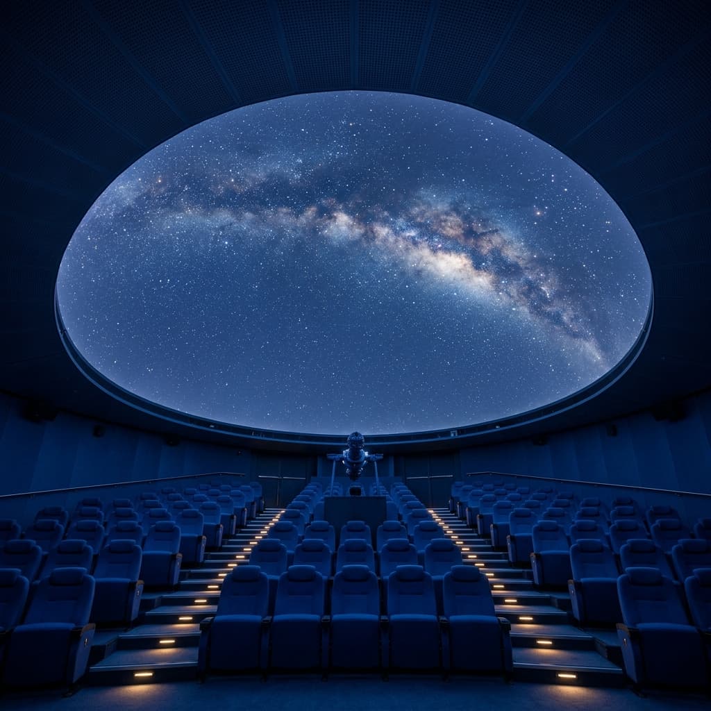 A planetarium dome interior with soft star projection on curved ceiling, empty tiered seating, deep blue ambient light