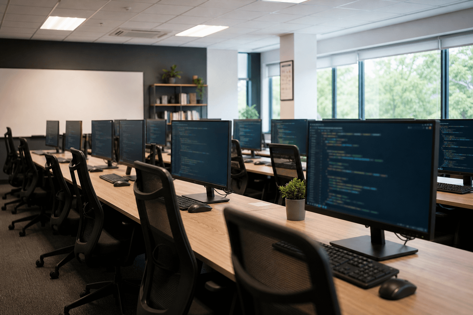 A computer lab with monitors showing blurred code, empty ergonomic chairs, soft overhead lighting