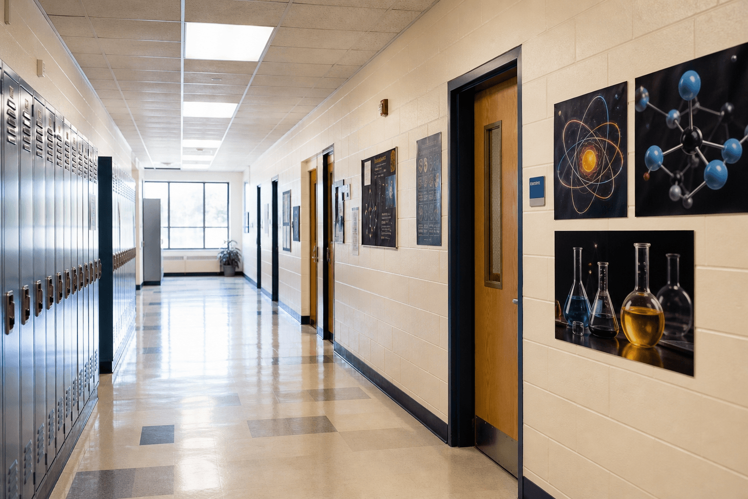 A high school hallway with lockers and classroom doors, science posters without readable text