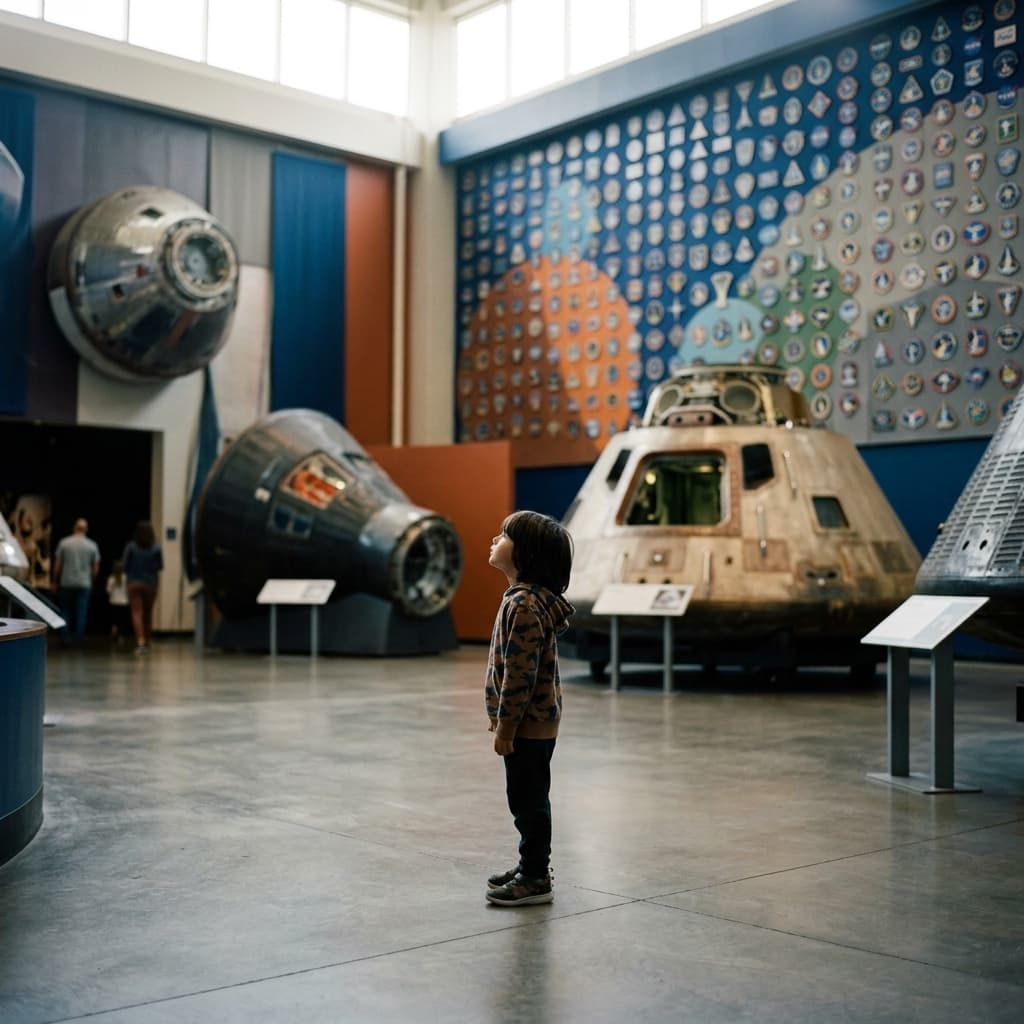 A space museum gallery with a replica capsule and mission patch wall as blurred color shapes