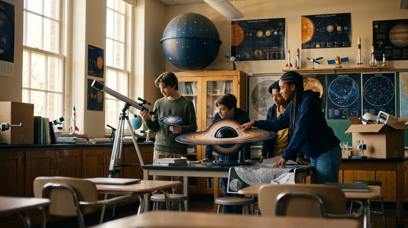 A planetarium-ready science room: telescope on a tripod, solar system mobile hanging, deep blue wall with star decals