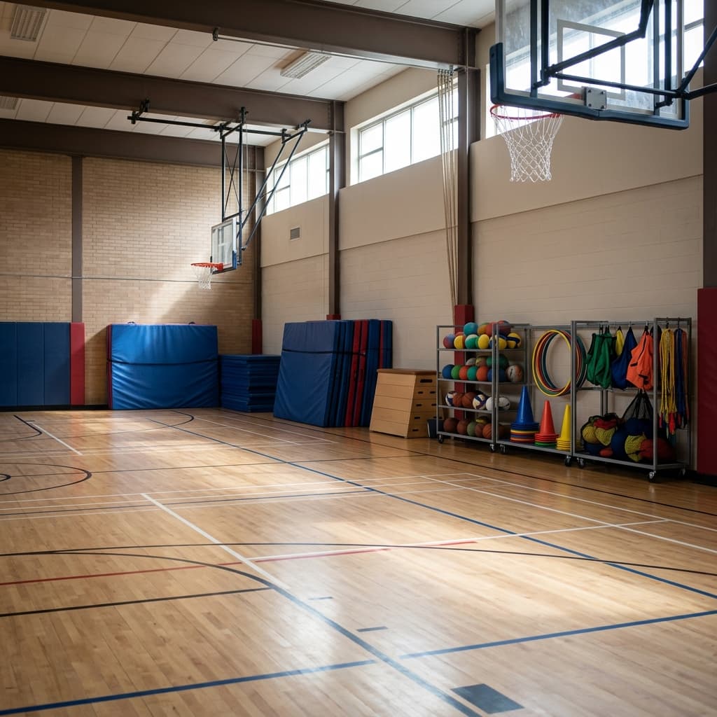 An empty school gymnasium with basketball hoops, folded mats, and sports equipment on racks