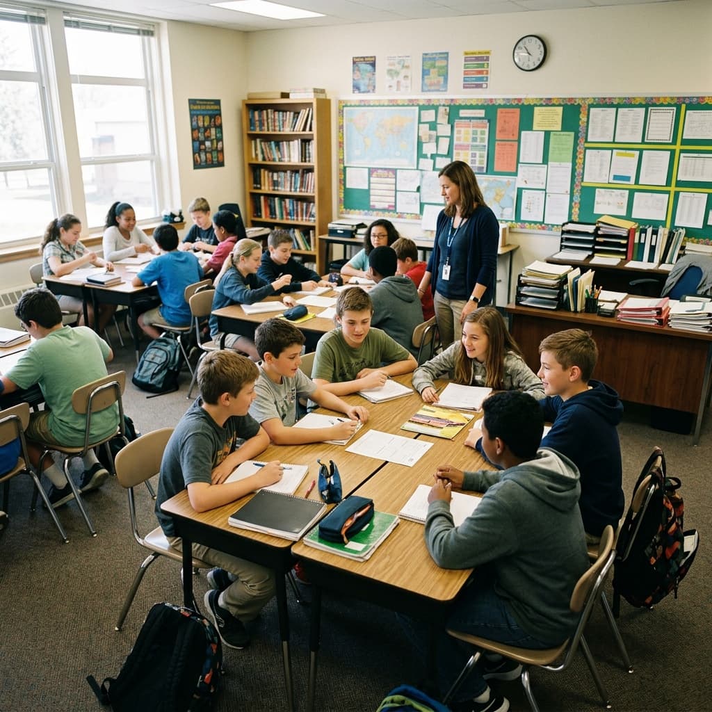 A middle school classroom during group work: students at clustered tables with notebooks and laptops closed, teacher desk with organized papers (no readable text), bright and orderly