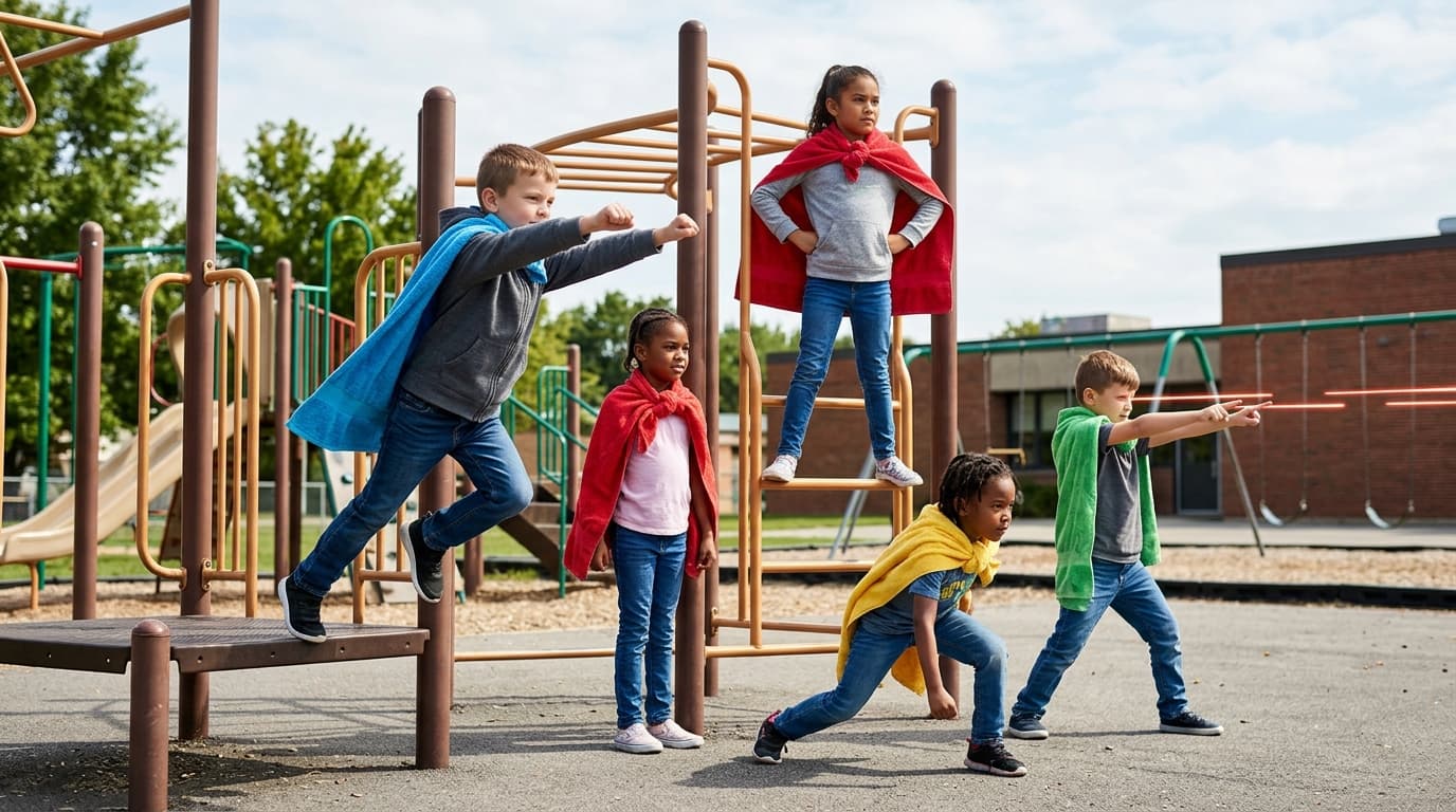 Elementary students striking playful superhero poses on a playground with capes made from towels