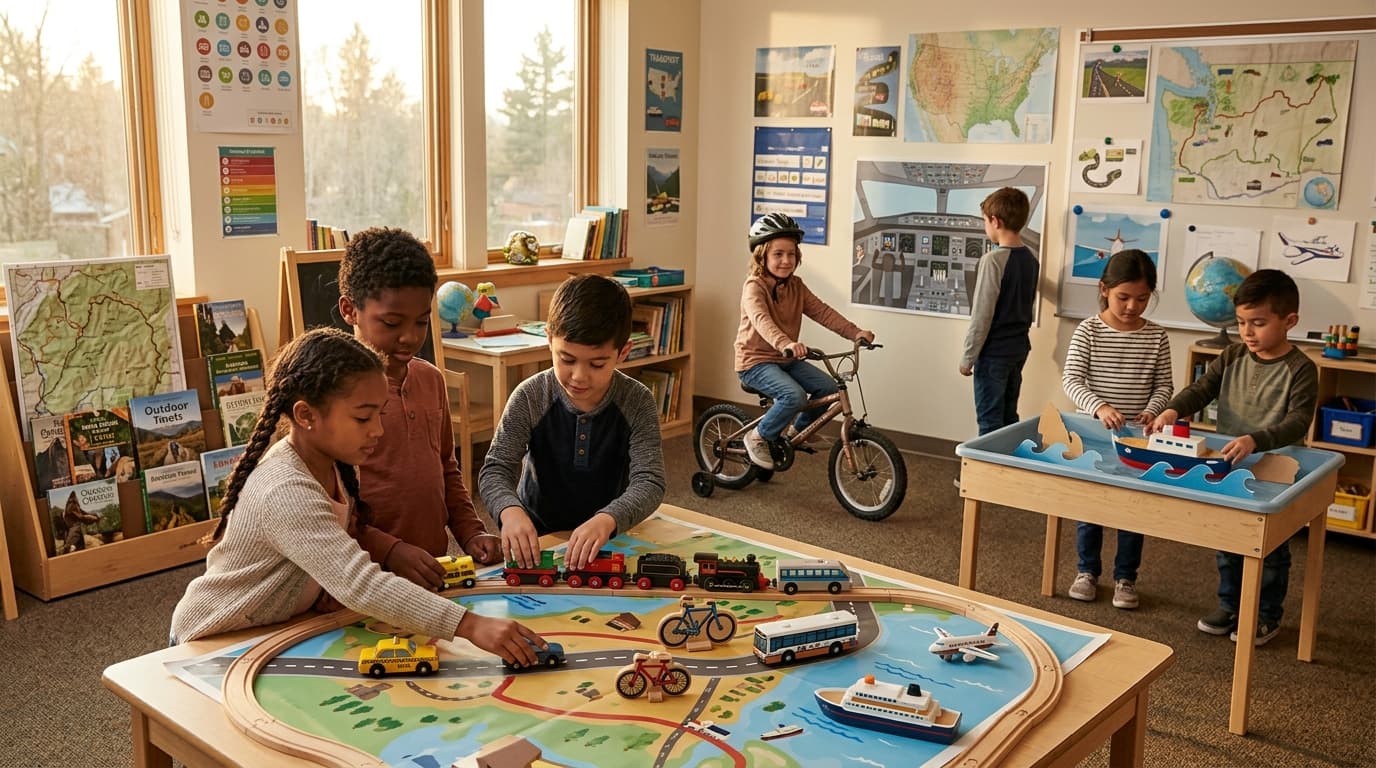 A preschool transportation unit: toy trains, bicycle helmet, and model airplane on a low shelf beside a floor road mat