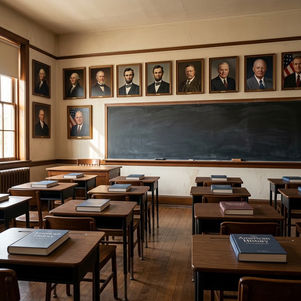 A high school history classroom: framed presidential portraits along the wall, wooden desks, chalkboard without writing, American history textbooks closed on desks, warm afternoon window light