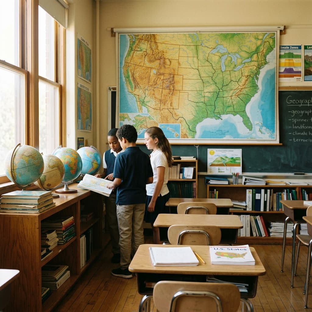 A middle school geography classroom: large US wall map without readable labels, stack of atlases on a shelf, desk globes, warm window light