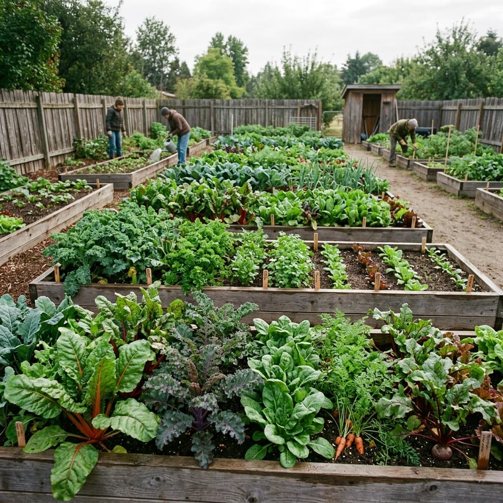 A community garden with raised beds of leafy greens and root vegetables, morning dew, wooden fence