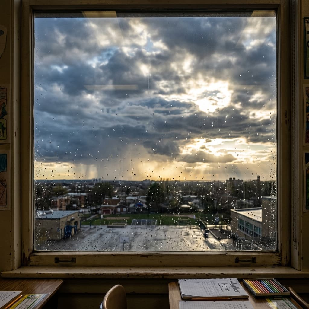 Wide shot through a classroom window showing dramatic clouds with sun breaking through, raindrops on glass