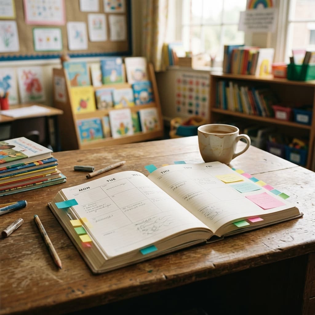 A teacher planner open on a desk with colorful sticky tabs, coffee mug, organized classroom in background