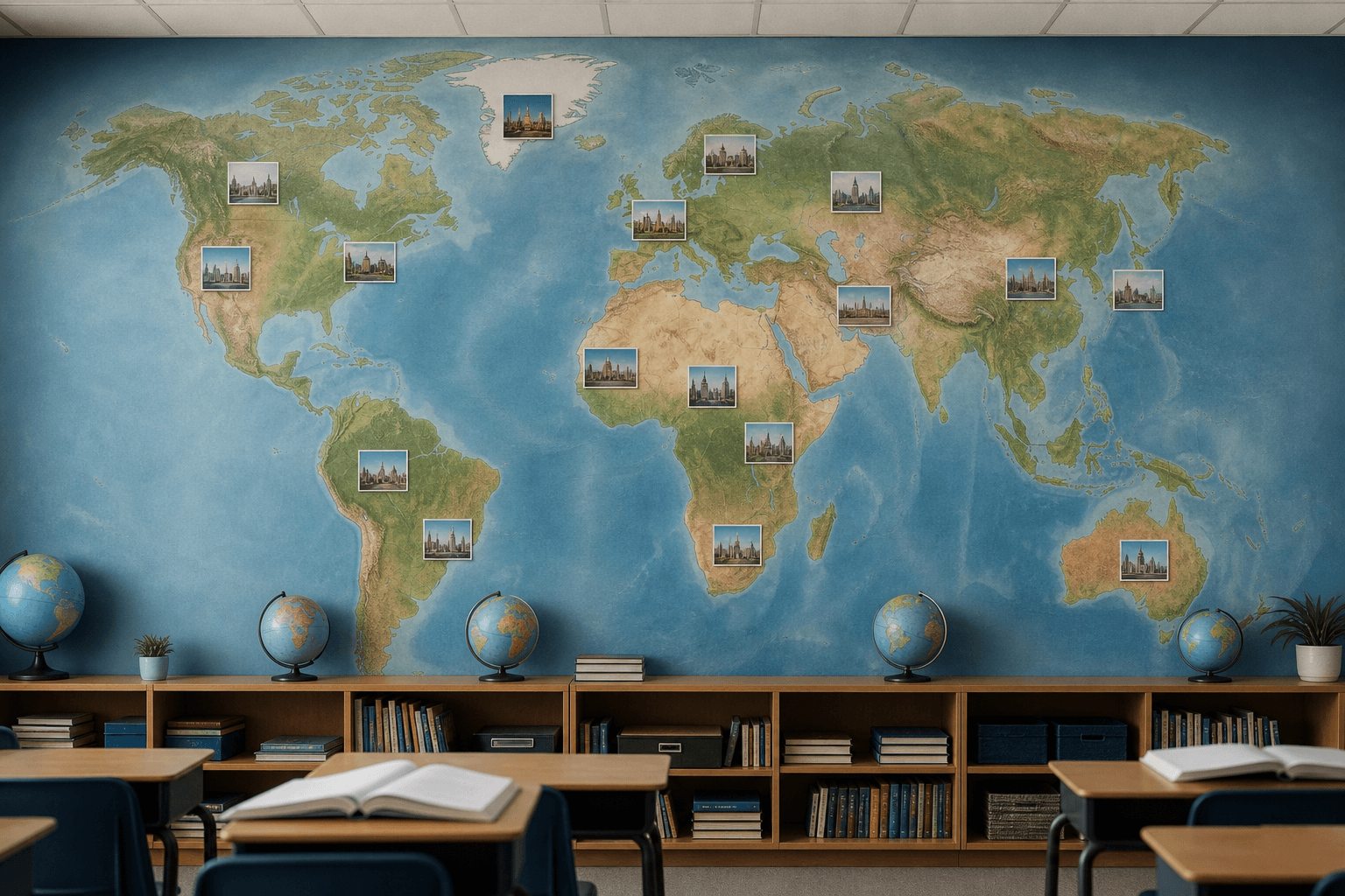 A world map mural on a classroom wall with capital city photos as blurred thumbnails