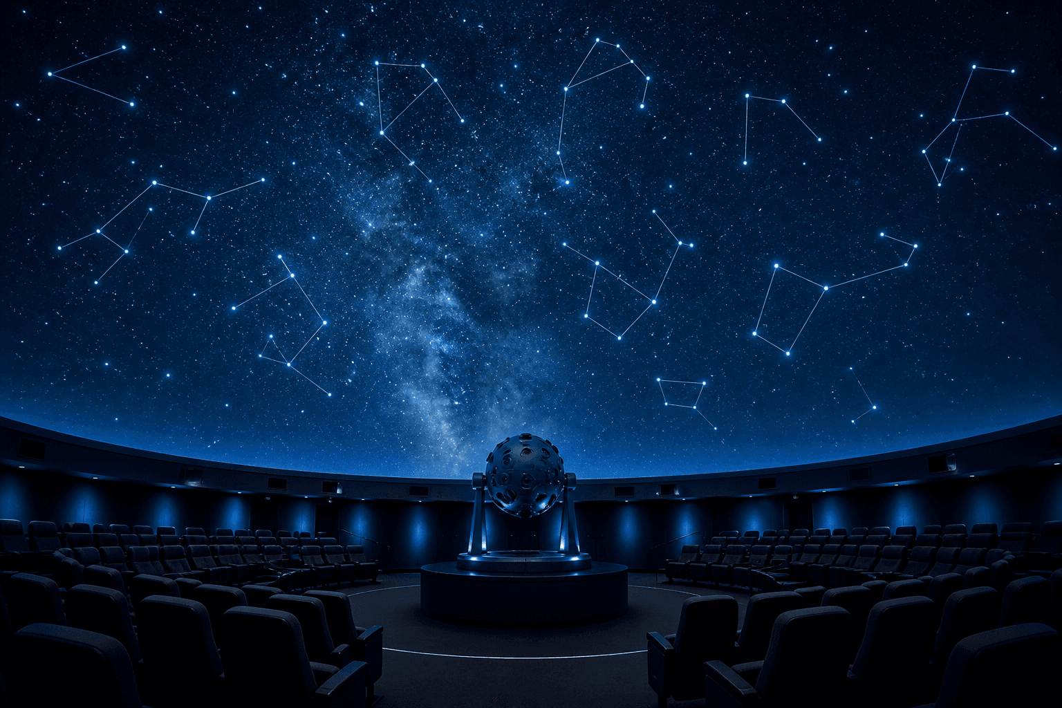 A planetarium star dome with soft constellation projections and deep blue ambient light