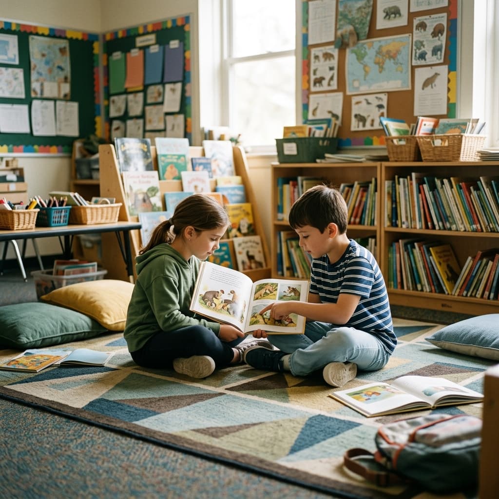 Two elementary students reading together on a classroom rug with picture books