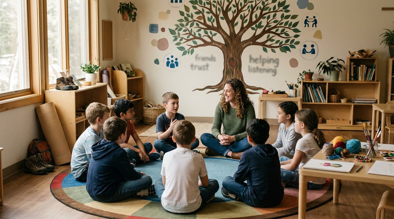 A SEL classroom circle: diverse elementary students on a rug with counselor, friendship tree mural with blurred labels