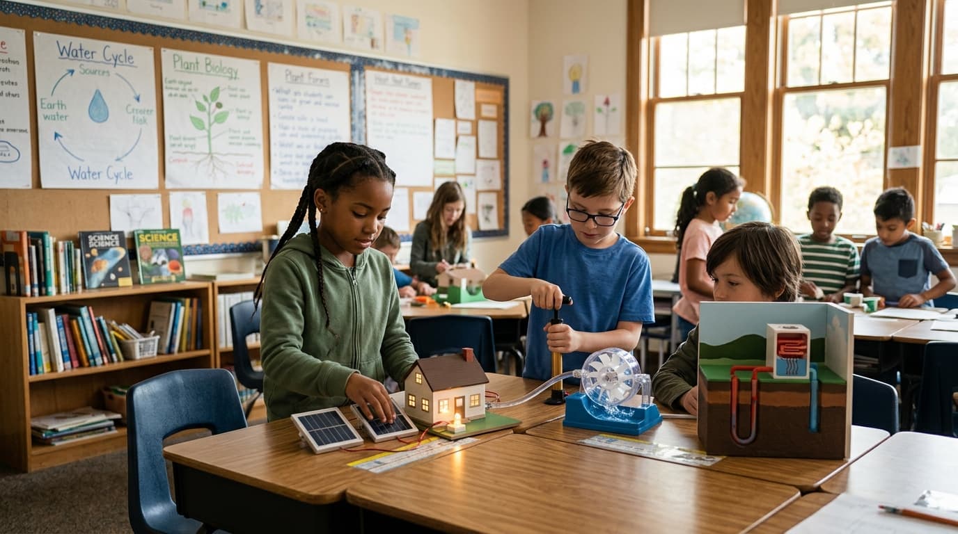 A science classroom renewable energy display: small solar panel model, wind turbine desk toy, and hydro diagram poster without readable labels