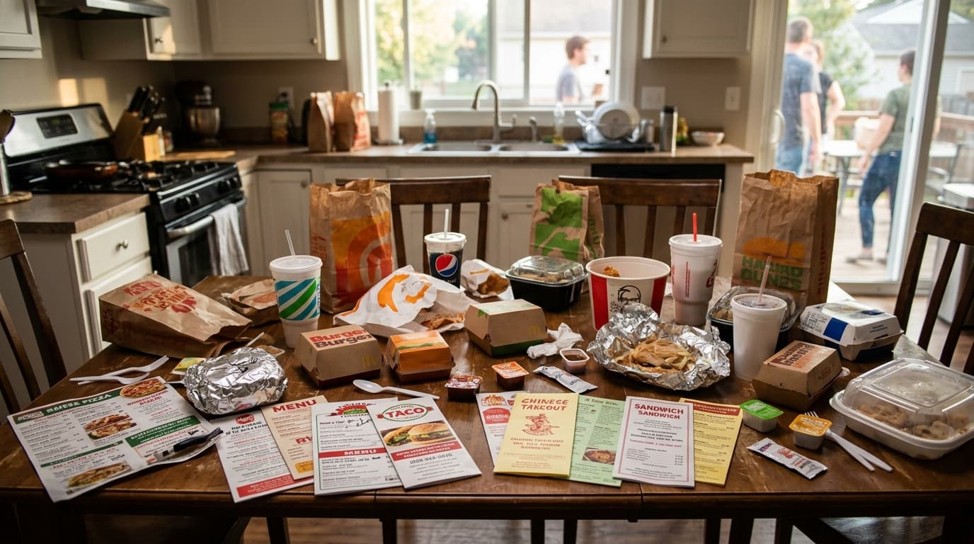 A vibrant food hall with diverse cuisine stalls blurred
