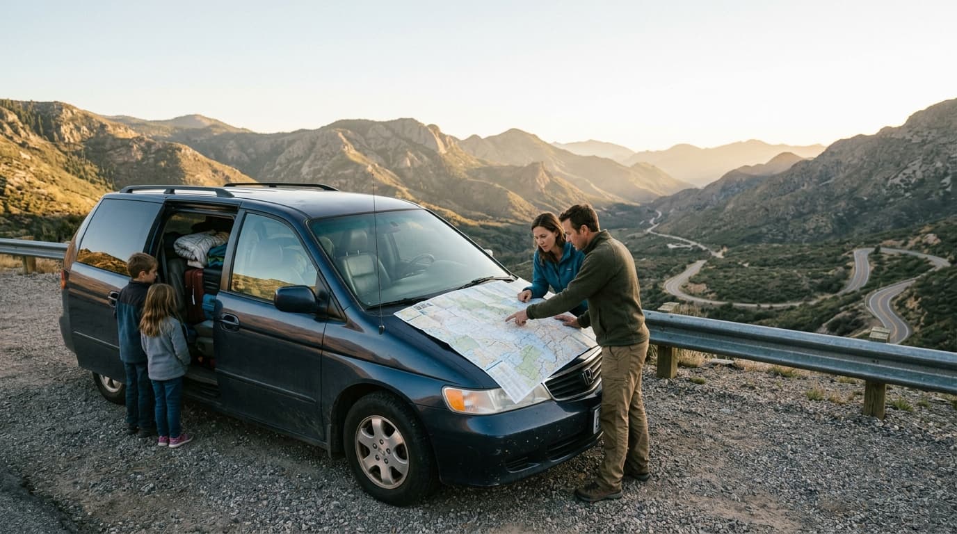 A family minivan at a scenic overlook pull-off, map spread on the hood, golden hour light