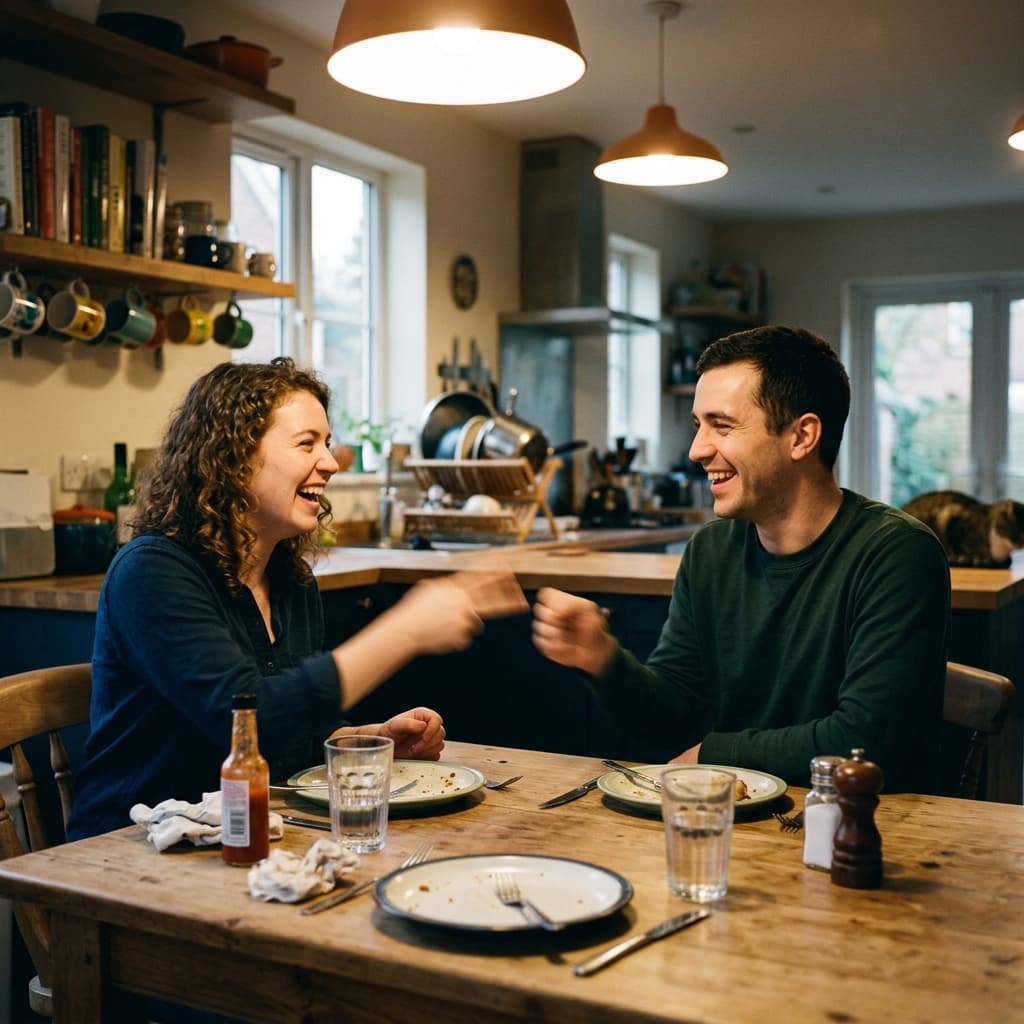 Two friends laughing at a kitchen table, hands mid-gesture blurred